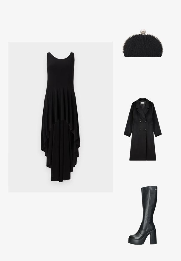 NA-KD Mantel - black; Zwarte mouwloze jurk met een ronde halslijn, voorzien van een cascaderende asymmetrische zoom en geplooide textuur over het hele lijfje.; Zwarte leren knie-hoge platformlaarzen met een gladde textuur, gestructureerde vorm en een hoge blokhak met een minimale hardware-accent.; Zwarte avondclutch met gestructureerde stof, omlijst door een rij kleine parels en een grote parelsluiting bovenop.