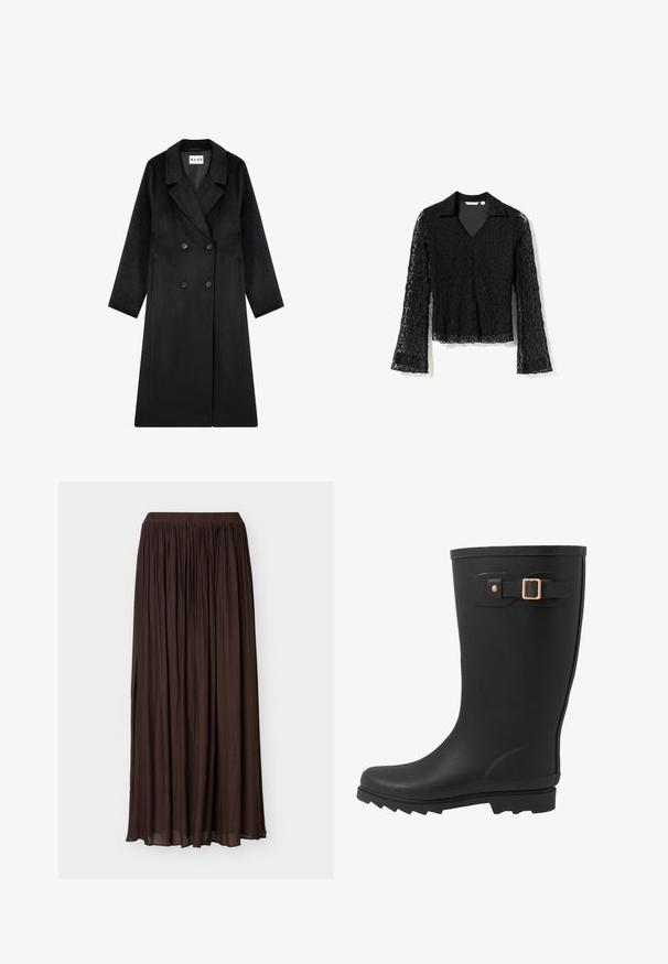 NA-KD Klassisk frakke - black; Sort blonde med v-hals, lange klokkeærmer og en struktureret krave. Stoffet har et blomstermønster og en tekstureret overflade.; Lang mørkebrun plisseret nederdel med elastisk talje, let stof og detalje med sideslids.; Sort gummistøvle med rund tå, tekstureret sål og en sidestrapdetalje med en guldspænde akcent.