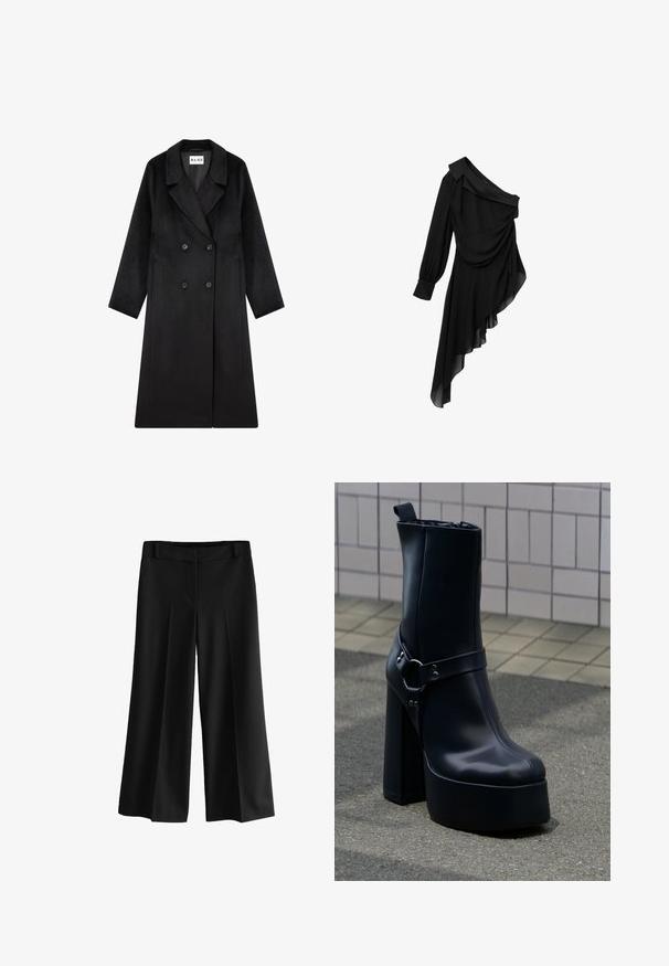 NA-KD Abrigo clásico - black; Vestido negro de tejido fluido, con un diseño de un solo hombro, frente drapeado, manga larga y dobladillo asimétrico.; Pantalones anchos negros con una tela suave, que presentan una cintura alta, pliegues y un diseño a medida. Sin herrajes visibles ni patrones.; Botín de plataforma con tacón alto y grueso de cuero negro y una correa decorativa, colocado sobre pavimento gris frente a una pared revestida con azulejos.