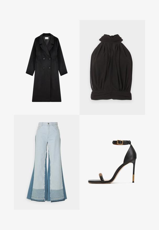 NA-KD Abrigo clásico - black; Top negro sin mangas con cuello halter alto retorcido y cuerpo suelto fruncido sobre fondo blanco.; DL1961 HEPBURN WIDE LEG HIGH RISE VINTAGE - Vaqueros bootcut - light blue denim; Sandal de tacón alto de cuero negro con una delgada correa en el tobillo con una hebilla dorada, una punta cuadrada y un acento en la punta de color marrón contrastante.