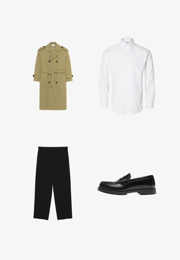 Trench-coat vert olive en tissu lisse, coupe croisée, épaulettes, boutons noirs, et ceinture assortie.; Chemise blanche à manches longues avec boutons, col pointu, boutons visibles sur le devant et poignets fermés par des boutons.; Pantalon noir à jambes larges avec passants de ceinture, bouton à l'avant et design plissé, présenté sur un fond blanc.; Mocassin en cuir noir avec une semelle en caoutchouc épaisse et un détail classique de bride à monnaie, vu de côté extérieur.