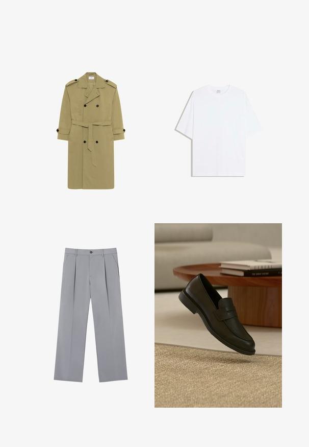 Trench-coat vert olive en tissu lisse, coupe croisée, épaulettes, boutons noirs, et ceinture assortie.; T-shirt oversize en coton blanc avec un col rond et des manches courtes ; texture lisse, sans motifs ni accents visibles.; Pantalons plissés gris à coupe décontractée, en tissu léger. Comprend des poches avant et une fermeture à bouton à la taille.; Chaussure mocassin en cuir noir présentée en suspension au-dessus d'un tapis beige tissé, avec une table en bois et des livres empilés dans un salon doucement éclairé.
