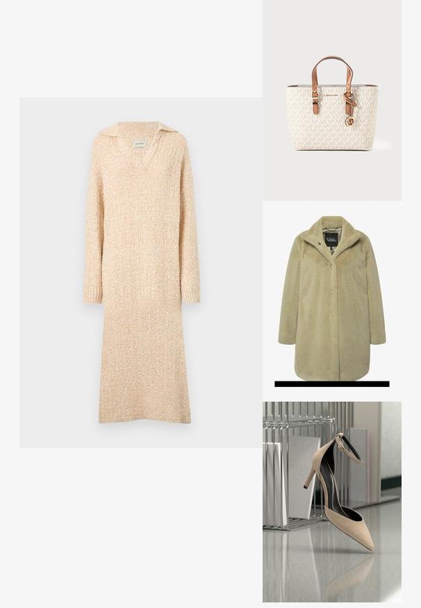 Beige nepbontjas met een geknipt kraag, enkele knoopsluiting, lange mouwen en een zachte, gestructureerde stof. Voering zichtbaar aan de binnenkant.; Beige gebreide jurk met een V-hals en kraag, lange mouwen en geribde manchetten. Zachte textuur met een licht gestructureerd patroon over het geheel.; Beige hoge hak met enkelbandje zwevend voor een metalen tijdschriftenrek op een reflecterende vloer.; MICHAEL Michael Kors QUINN SM EW TOTE XBODY - Handtas - vanilla/acrn