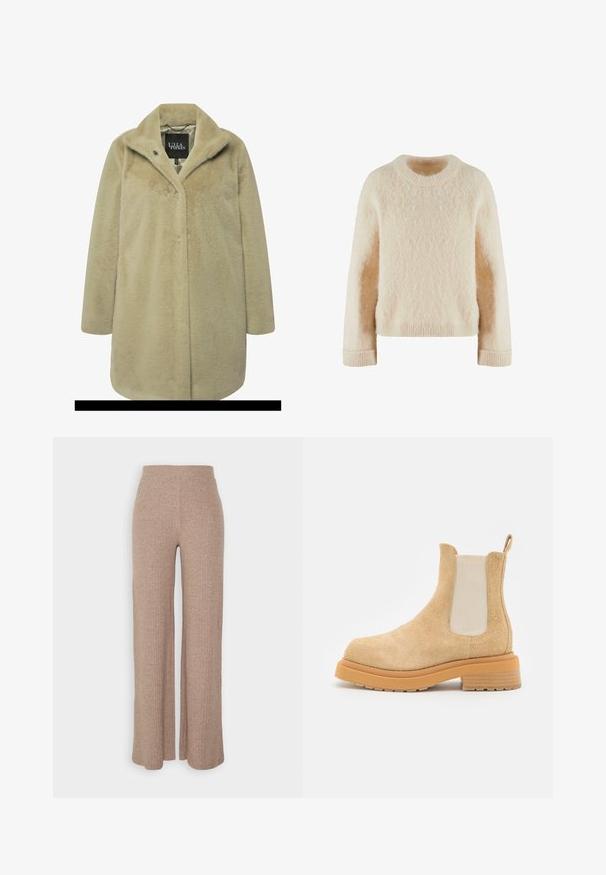 Beige nepbontjas met een geknipt kraag, enkele knoopsluiting, lange mouwen en een zachte, gestructureerde stof. Voering zichtbaar aan de binnenkant.; Crème-kleurige gebreide trui met een ronde halslijn, lange mouwen en een zachte, textuurachtige afwerking. Ribgebreide manchetten en onderkant voor structuur.; Beige geribbelde wijde broek met een hoge tailleband en zachte textuur, met een losse pasvorm en zonder zichtbare sluitingen.; ECKHAUS LATTA MIKE BOOT - Lage laarzen - beige