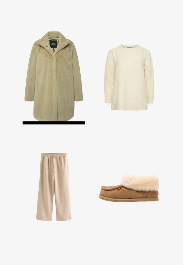 Beige nepbontjas met een geknipt kraag, enkele knoopsluiting, lange mouwen en een zachte, gestructureerde stof. Voering zichtbaar aan de binnenkant.; Crème-kleurige gebreide trui met een ronde hals en lange mouwen. Heeft een textuurmateriaal en een relaxte pasvorm. Geen opvallende patronen of accenten.; Crème-kleurige wijde broek gemaakt van een zachte katoenmix. Heeft een elastische tailleband met trekkoord en een subtiele gespikkelde textuur.; Bruine suede pantoffel met een zachte, crèmekleurige nep-bont manchet, ronde neus en een gestructureerde zool voor grip. Bevat een decoratieve accent aan de zijkant.
