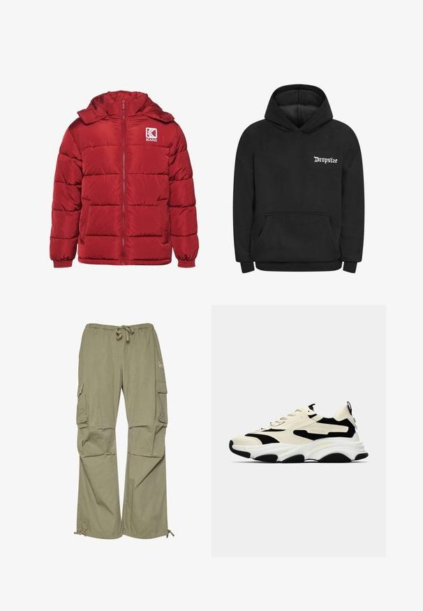 Punane puffer-jakk, millel on ees lukk, kapuuts ja KANI logo. Omab tikitud osi ja elastseid mansette, et tagada mugav istuvus. Pehme ja läikiv kangas.; Mustast pehmest kangast hoodie, millel on ees tasku ja nööriga kapuuts. "Dropsize" logo on valgena trükitud vasakul rinnakorvil.; Olive roheline värvi cargo püksid, valmistatud kergest kangast, elastse vöökoha, reguleeritavate varrukate ja mitme küljetaskuga.; Kohvikameelsete ülemise osaga, mustade aktsentide ja tekstuursete paneelidega chunky tossud. Omab paksu valget tallat ja musta kummist välispinda parema haarde jaoks.