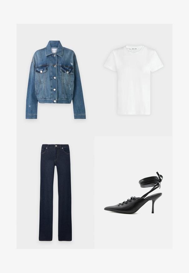 Helle blaue Jeansjacke mit einem verkürzten Design, zwei Brusttaschen, silbernen Knöpfen und abgeriebenen Details auf dem Stoff.; Ein schlichtes weißes T-Shirt mit kurzen Ärmeln und Rundhalsausschnitt liegt flach auf einem hellgrauen Hintergrund, zeigt die Vorderseite mit einem Etikett im Halsausschnitt.; Dunkelblaue Jeans mit geradem Bein, Vordertaschen, Gürtelschlaufen, Metallknopf und Nahtdetails vor weißem Hintergrund.; Schwarzer spitzer High-Heel-Schuh mit Schnürung vorne und wickelnden Knöchelriemen, die zu einer Schleife gebunden sind, von der Seite auf weißem Hintergrund gezeigt.