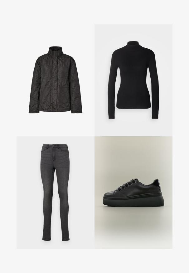 Sort quiltet jakke med høj krave, der har et diamantmønster, to forlommer og lange ærmer. Fremstillet af let stof.; Sort turtleneck sweater lavet af let strikket stof. Har lange ærmer, et tætsiddende design og en blød ribbet tekstur.; Slim fit jeans lavet af mørkegrå denim, med høj talje, bælteløkker og en enkelt knaplukning. Ingen synlige slid eller mønstre.; Sort lavtop sneaker med tyk tekstureret platformsål og snørelukning foran på neutral baggrund.