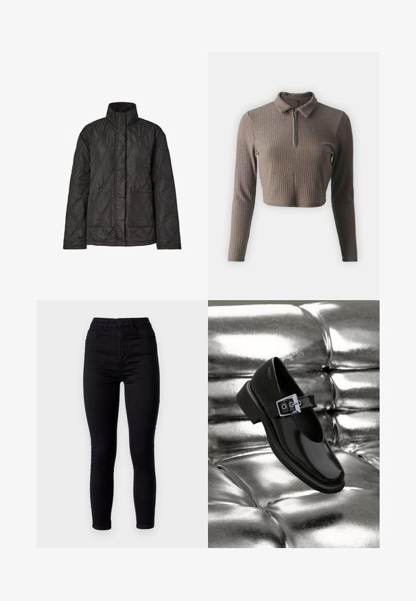 Mustast tikandiga jope, millel on kõrge krae, teemantmustri kujundus, kaks esimest taskut ning pikad varrukad. Valmistatud kerge kangaga.; ONLY Petite ONLNELLA HALF ZIP - Pikkade varrukatega topp - carafe; Mustad mustad teksad kõrge vöökohaga, valmistatud venivast denimist. Omab esimest nööbiklõpsu ja kahte tagumist taskut. Sile tekstuur.; Must musta Mary Jane kingad, musta nahast, ruuduotsaga, hõbeda pandlaga ja paksu madala kontsaga, õlaliselt läikiva hõbedase tausta ees.