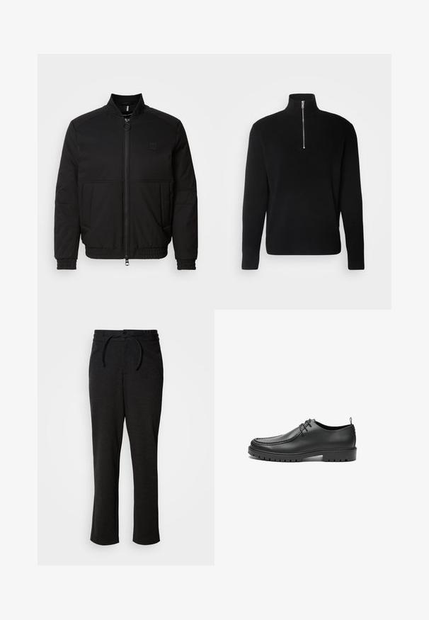 Sort bomberjakke med lynlås foran, ståkrave og elastiske manchetter. Har sidelommer og et lille logo-patch på brystet.; Lindbergh HALF ZIP RIB KNIT - Striktrøje - black; Sorte strikbukser med snoreliv, lige ben og sidelommer. Blød tekstur med en glat overflade.; Sorte lædersko med en glat overflade, rund tå og dekorativ stikning. Har en gummisål med skridsikre spor og snørebåndsdesign.