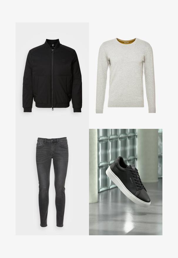 Čierna bomber bunda so zipsom vpredu, stojacím golierom a elastickými manžetami. Obsahuje bočné vrecká a malú logovú nášivku na hrudi.; TOM TAILOR CREW NECK - Svetrík - light soft grey melange; Úzke čierne džínsy s hladkou textúrou, ktoré majú klasický dizajn s piatimi vreckami a jemným vyblednutím v prednej časti.; Čierny kožený nízky teniska s bielou podrážkou a čiernymi šnúrkami, zobrazený vznášajúci sa nad leštenou betónovou podlahou pri stenách z murovaných sklenených blokov.