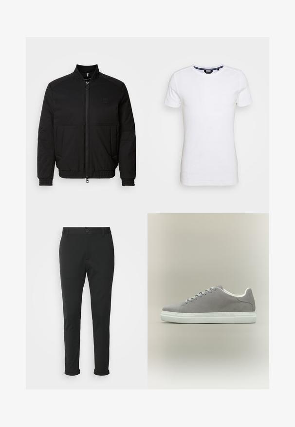 Sort bomberjakke med lynlås foran, ståkrave og elastiske manchetter. Har sidelommer og et lille logo-patch på brystet.; Lindbergh T-shirts basic - white; Sorte bukser lavet af et glat stof med lige pasform. Har en enkelt knaplukning og opspejdede manchetter.; Grå ruskindsneaker med hvid gummisål og snørebånd, der har et lavt snit og glat tekstur. Minimalistisk stil uden synlige logoer.