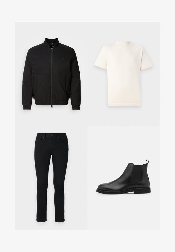 Čierna bomber bunda so zipsom vpredu, stojacím golierom a elastickými manžetami. Obsahuje bočné vrecká a malú logovú nášivku na hrudi.; TOM TAILOR BASIC CREW NECK - Základné tričko - smooth light sand; Čierne denimové džínsy so slim fit strihom, dizajnom s piatimi vreckami, pútkom na opasok a gombíkovým zapínaním na páse.; Čierne kožené Chelsea topánky s elastickými bočnými panelmi a ťahacou pútkom. Oválny špička a plochá gumová podrážka s hladkým povrchom.