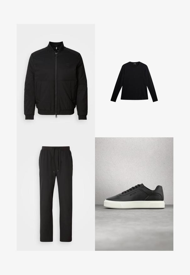 Chaqueta bomber negra con cremallera frontal, cuello alto y puños elásticos. Presenta bolsillos laterales y un pequeño parche con logotipo en el pecho.; Camiseta negra de manga larga hecha de tela suave, con cuello redondo y un logotipo sutil en el frente, con un corte holgado.; Pantalones de chándal negros hechos de tela ligera, con una cintura elástica y cordones ajustables, además de bolsillos laterales. Textura suave.; Zapatillas de cuero negro con suela de goma blanca, puntera redondeada y cordones planos. Detalles texturizados en los lados, diseño minimalista.