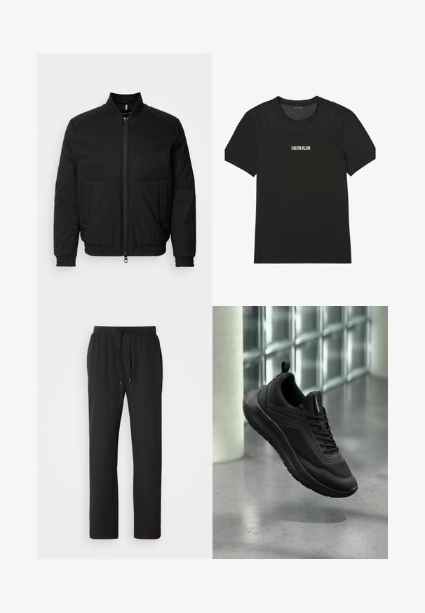 Čierna bomber bunda so zipsom vpredu, stojacím golierom a elastickými manžetami. Obsahuje bočné vrecká a malú logovú nášivku na hrudi.; Čierne tričko Calvin Klein s krátkym rukávom a sieťovinou na ramenách a hornej časti hrude, s bielym potlačeným názvom značky v strede hrude.; Čierne jogger nohavice vyrobené z ľahkej tkaniny, s elastickým pásom a nastaviteľnými šnúrkami a bočnými vreckami. Hladká textúra.; Čierna teniska Calvin Klein s panelmi z oka a plného materiálu, šnúrkami a sťahovacou slučkou, vznášajúca sa nad leštenou betónovou podlahou pri sklenených tehličkách.