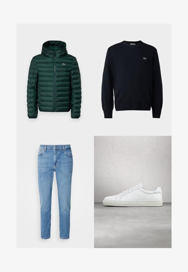 Grøn polstret jakke med hætte, der har vandret quiltede syninger, en frontlynlås og et lille broderet logo på brystet.; Marine crew-neck sweater lavet af blødt materiale, med ribbede manchetter og kant. Lille grønt Lacoste-logo på brystet.; Lys blå denim jeans med lige snit, fem-lomme design og subtilt slid. Har knaplukning og bæltestropper.; Hvide sneakers med en glat læderoverdel og lav profil. Har en rund tå, seks snørehuller og en tekstureret gummisål.