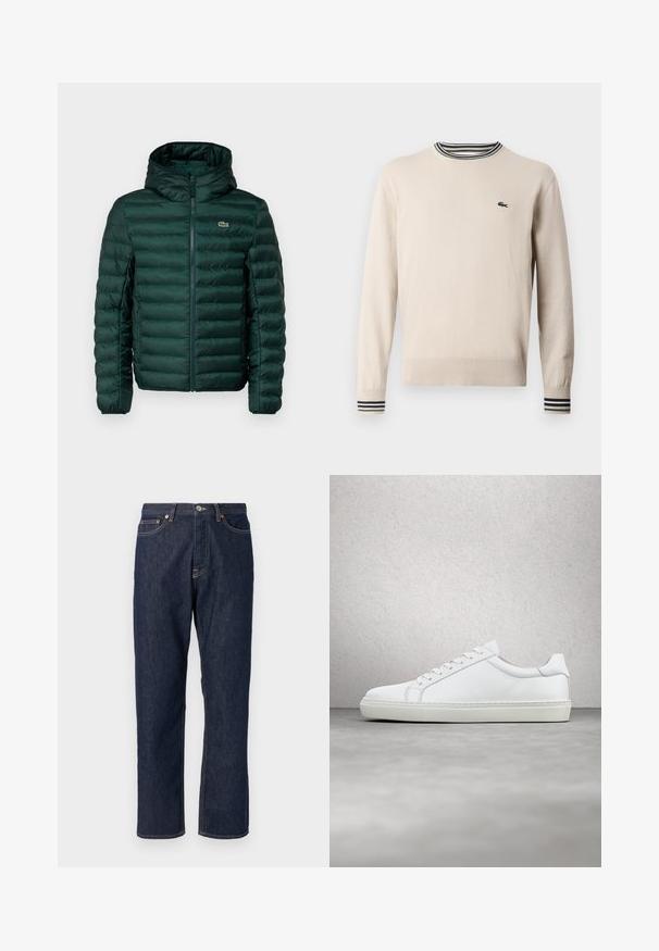 Groene gewatteerde jas met capuchon, voorzien van horizontale gestikte naden, een ritssluiting aan de voorkant en een klein geborduurd logo op de borst.; Beige trui van gebreide stof, met een ronde halslijn, geribbelde manchetten met zwarte en groene strepen, en een klein logo op de borst.; Donkerblauwe denim jeans met een rechte pijpdesign. Beschikt over een knoop- en ritssluiting, vijf zakken en contrasterende stikdetails.; Witte sneaker met een gladlederen bovenwerk en een laag profiel. Voorzien van een ronde neus, zes vetergaatjes en een gestructureerde rubberen zool.