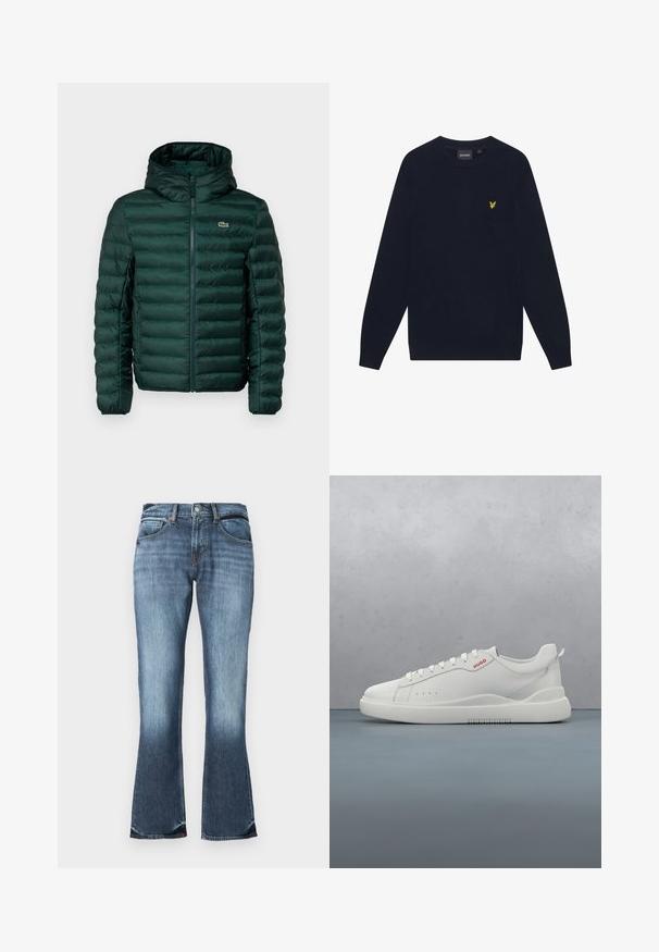 Grøn polstret jakke med hætte, der har vandret quiltede syninger, en frontlynlås og et lille broderet logo på brystet.; Mørkeblå langærmet crew neck sweater med et lille gult broderet ørnelogo på venstre bryst.; Blå denim flared jeans med en mellemhøj talje, fem-lommers design og subtilt slid for et distressed udseende. Glat tekstur hele vejen igennem.; Hvide sneakers med en glat læderfinish, rund tå, fire snørehuller, subtile perforeringer og en rød logo detalje på siden.