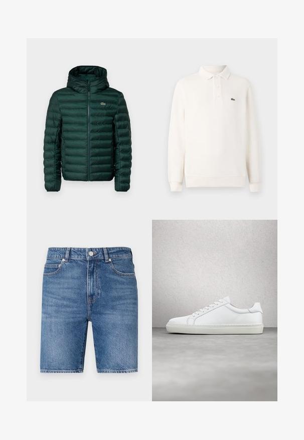 Groene gewatteerde jas met capuchon, voorzien van horizontale gestikte naden, een ritssluiting aan de voorkant en een klein geborduurd logo op de borst.; Lange mouwen polo shirt in lichtroomcreme met een textuurgebreide stof, voorzien van een drie-knoopsluiting en een groene geborduurde logo op de borst.; Denim shorts in een middelblauwe wassing met een rechte snit, vijf-pocket ontwerp en sluiting met een bovenste knoop. Heeft contrasterende stiksels.; Witte sneaker met een gladlederen bovenwerk en een laag profiel. Voorzien van een ronde neus, zes vetergaatjes en een gestructureerde rubberen zool.