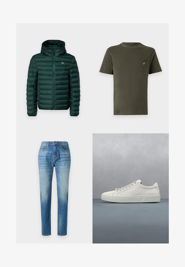Chaqueta verde acolchada con capucha, con costuras horizontales acolchadas, un cierre delantero y un pequeño logotipo bordado en el pecho.; Camiseta de algodón verde oliva con cuello redondo, mangas cortas y un bolsillo en el pecho izquierdo que presenta un pequeño logo amarillo. Textura suave.; Jeans de mezclilla azul claro, diseño de pierna recta, con una cintura alta, sutil desvanecimiento y un estilo clásico de cinco bolsillos. Cierre de botón de metal.; Zapatilla blanca de cuero con punta redondeada, diseño minimalista, cordones grises y suela de goma texturizada gris. Detalles de costura sutiles visibles.