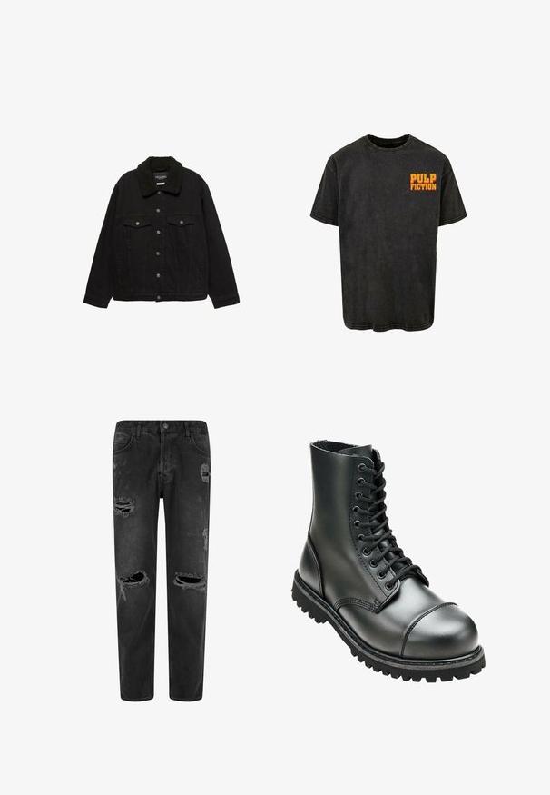 Veste en denim noir avec fermeture à boutons, deux poches poitrine, poches latérales et un col en sherpa noir.; T-shirt en coton noir avec une coupe décontractée, dotée d'un design à manches courtes et d'un graphique rétro 'PULP FICTION' en orange sur le côté gauche de la poitrine.; Jean en denim noir à coupe décontractée, avec des détails usés et plusieurs zones déchirées. Design à cinq poches avec fermeture à bouton.; Botte de combat en cuir noir avec une tige haute, bout rond, laçage sur le devant et semelle en caoutchouc robuste avec un profil de crantage profond pour une meilleure adhérence.