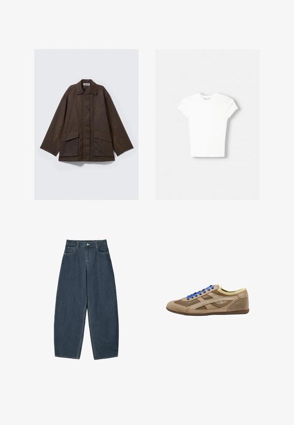 Veste marron à manches longues avec col à revers, deux poches avant et coupe droite. Confectionnée dans un tissu lisse et léger.; T-shirt blanc à manches courtes en coton doux, avec un col rond et une coupe ajustée. Pas de motifs ni d'ornements visibles.; Jeans en denim bleu foncé à jambes larges avec une taille haute, dotés de cinq poches et de détails de couture visibles. Design épuré et minimal.; Baskets basses beige avec panneaux latéraux en mesh, lacets bleus, doublure de col crème et semelle plate marron sur fond blanc.
