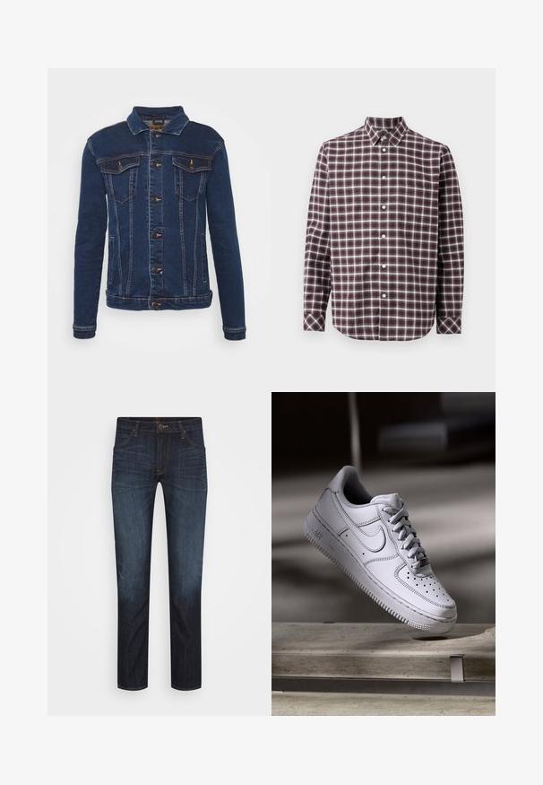 Denim Project DPMKASH DENIM JACKET - Τζιν μπουφάν - dark blue; Μακρυμάνικο καρό πουκάμισο σε μπορντό και λευκό. Διαθέτει γιακά με κουμπιά, τσέπη μπροστά και κουμπιά στο μπροστινό μέρος.; Σκούρο μπλε τζιν παντελόνι στενής εφαρμογής με μπροστινές τσέπες, θηλιές για ζώνη και ορατές ραφές, τοποθετημένο επίπεδα σε λευκό φόντο.; Λευκό δερμάτινο αθλητικό παπούτσι Nike Air Force 1 με διάτρητο μπροστινό μέρος, επίπεδα κορδόνια και υφή στην καουτσούκ σόλα με το λογότυπο "AIR" στην πλευρά.