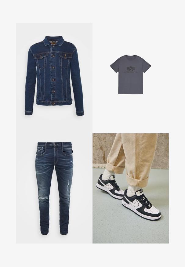 Denim Project DPMKASH DENIM JACKET - Cowboyjakker - dark blue; Grå bomulds t-shirt med rund hals, med et sort trykt logo-design foran. Korte ærmer og almindelig pasform.; Mørkeblå denim jeans med slim fit, der har en falmet tekstur, slid på knæene og standard fem-lomme design.; Sorte og hvide Nike Air Force 1 sneakers med læderoverdel, perforeret tå og tekstureret såldetalje, båret med rullede beige bukser og hvide sokker.