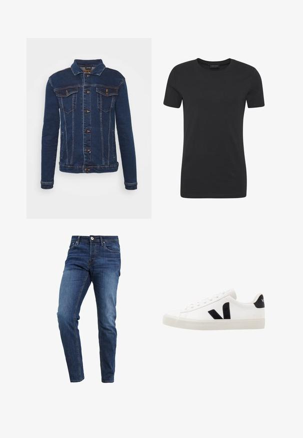 Denim Project DPMKASH DENIM JACKET - Cowboyjakker - dark blue; Sort bomulds t-shirt med rund halsudskæring, korte ærmer og regular fit. Har en glat overflade og minimalistisk design.; Mørkeblå denimjeans med slim fit. Funktioner inkluderer en standard talje, lynlås, fem lommer og kontrasterende syninger.; Hvide lædersneakers med sorte ruskindsdetaljer; har en gummisål, rund tå og klassisk snørebåndsdesign. Side logo i sort.