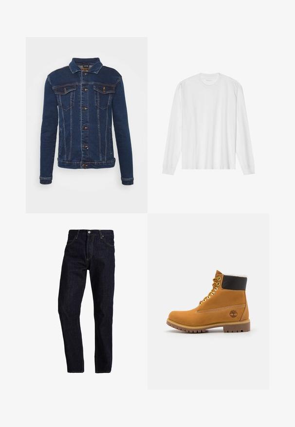 Denim Project DPMKASH DENIM JACKET - Teksajakk - dark blue; Valge pikakäiste puuvillane t-särk ümarkaeluse, soonikkoes mansettide ja sirge äärega, siledat tekstuuri ja minimalistlikku disaini.; Tumedast sinisest denimist sirged lõikega teksapüksid, millel on kollane õmblus, viis taskut ja klassikaline nööbiga ning tõmblukuga sulgemine.; Pruun nahast pahkluu saabas metallist silmadega, valge karvane vooder, must pehmendatud krae, robustne tallal ja küljes reljeefne logo.