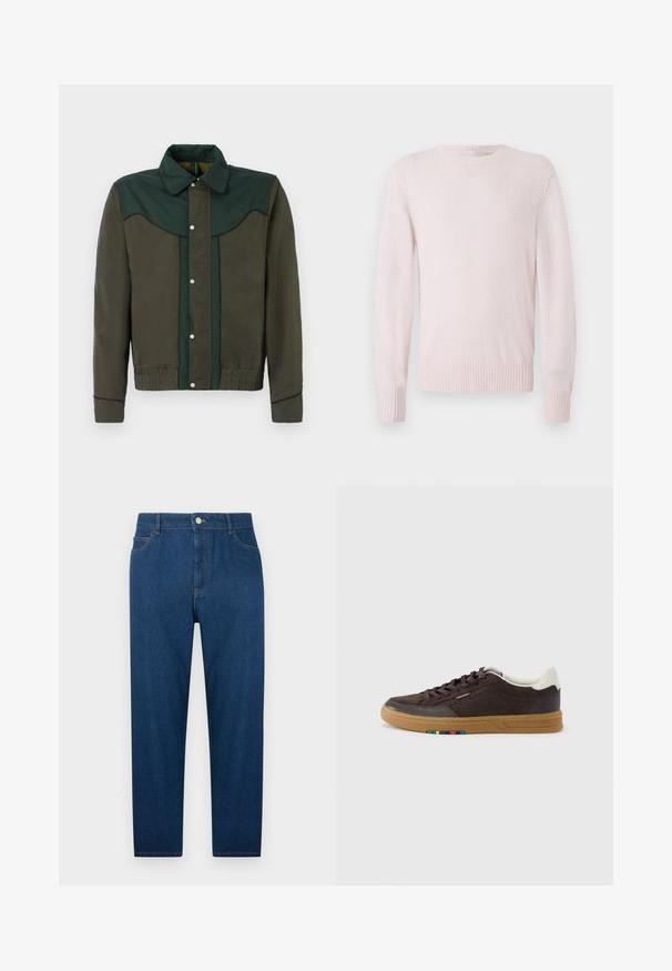 Grøn og brun jakke med trykknaplukning, krave og elastiske manchetter og nederdel. Har kontrasterende farvepaneler og subtil tekstur.; Lys pink langærmet strikket sweater med ribbede manchetter, kant og rund halsudskæring på en ensfarvet hvid baggrund.; Mørkeblå denimjeans med lige ben, frontknap og lynlås, fem-lomme design og synlige syninger ved talje og lommer.; Mørkebrun ruskindssneaker med rågummisål, hvid hælflig, snørelukning og lille multicolor detalje på siden af sålen.