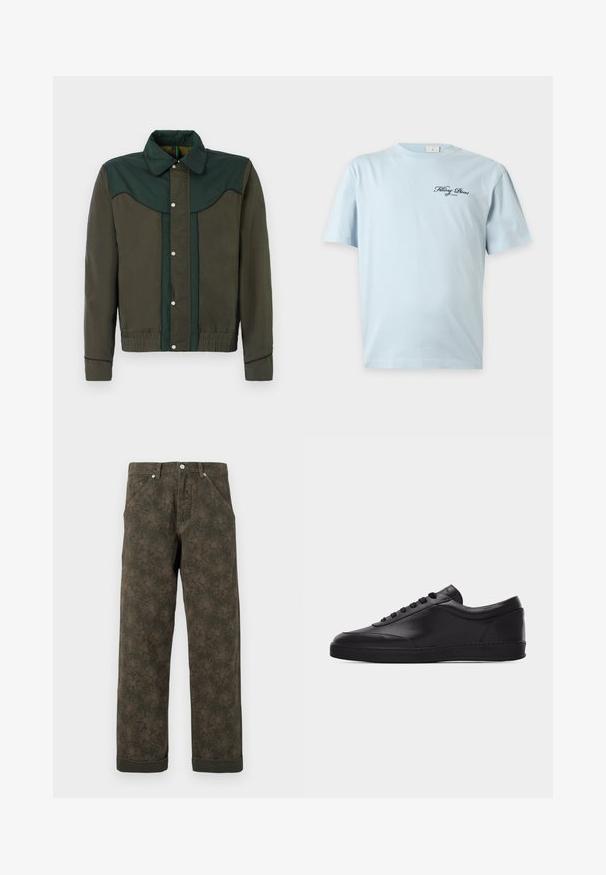 Grøn og brun jakke med trykknaplukning, krave og elastiske manchetter og nederdel. Har kontrasterende farvepaneler og subtil tekstur.; Lyseblå T-shirt med korte ærmer og lille sort kursiv tekst "Filling Pieces of Cinema" på venstre bryst.; Mørkegrønne bukser med subtil blomsterprint, frontknap, lommer og opsmøgede kanter.; Sort lavtstående lædersneaker med snørebånd foran og flad gummisål, vist fra siden på en ensartet hvid baggrund.