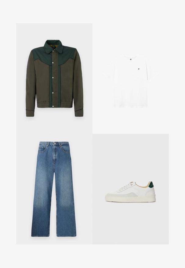 Grüner und brauner Jacke mit Druckknopfverschluss, einem Kragen sowie elastischen Bündchen und Saum. Sie hat kontrastierende Farbstreifen und eine subtile Textur.; Weißes T-Shirt mit kurzen Ärmeln und Rundhalsausschnitt, mit einem kleinen runden Logo, das ein schwarzes "W" auf der linken Brustseite zeigt.; Breite blaue Denim-Jeans mit klassischem Fünf-Taschen-Design, Knopfverschluss vorne und leichtem Verblassen für Textur.; Weiße Sneaker mit Wildlederelementen, runder Zehenpartie, flachen Schnürsenkeln und einer cremefarbenen Gummisohle. Mit grünen Markenlogo am Fersenbereich.
