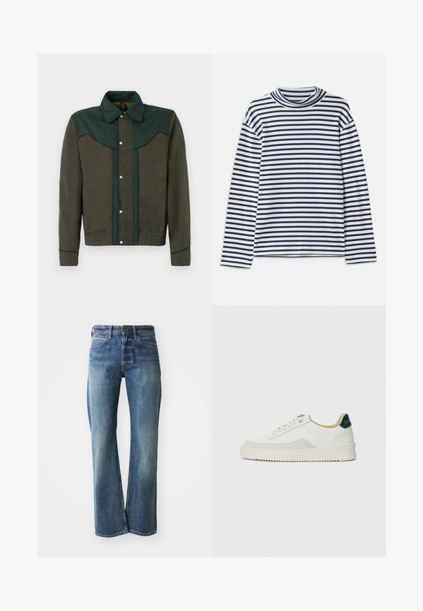 Grøn og brun jakke med trykknaplukning, krave og elastiske manchetter og nederdel. Har kontrasterende farvepaneler og subtil tekstur.; CLOSED TURTLE NECK - Langærmet T-shirt - dark night; Denim jeans med en lys til mellemblå farve, lige ben skæring, klassisk fem-lommer design og subtil falmning foran.; Hvide sneakers med ruskindsdetaljer, rund tå, flade snørebånd og en cremet gummisål. Har grøn branding på hælen.
