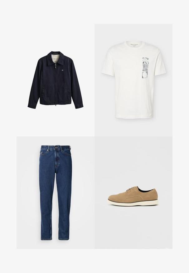 Veste zippée bleu marine avec col, deux poches avant et petit logo brodé sur la poitrine, étiquetée GANT à l'intérieur du col.; T-shirt blanc à manches courtes avec col rond et graphique abstrait rectangulaire noir sur la partie gauche de la poitrine.; Jean bleu foncé en denim, avec une coupe droite, style cinq poches et des coutures apparentes le long des coutures.; Chaussure à lacets en daim marron clair avec semelle blanche et coupe basse à la cheville, vue de profil sur un fond neutre.