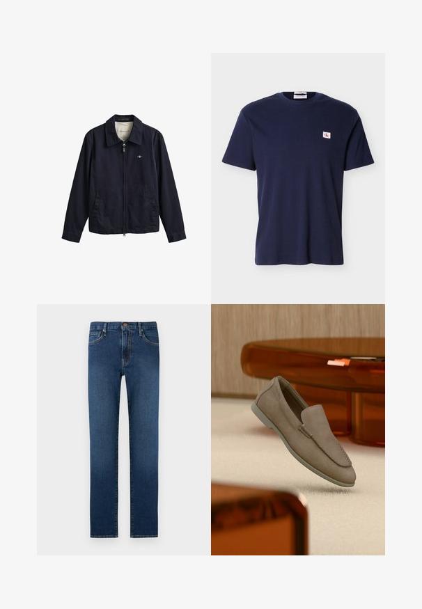 Veste zippée bleu marine avec col, deux poches avant et petit logo brodé sur la poitrine, étiquetée GANT à l'intérieur du col.; T-shirt côtelé bleu marine à manches courtes avec col rond et petit écusson logo Calvin Klein sur la poitrine gauche.; Jean denim bleu foncé droit avec cinq poches, fermeture par bouton et surpiqûres contrastantes.; Mocassin beige en daim à enfiler avec coutures visibles et semelle claire, positionné au-dessus d'un tapis crème, avec un meuble translucide orange en arrière-plan.