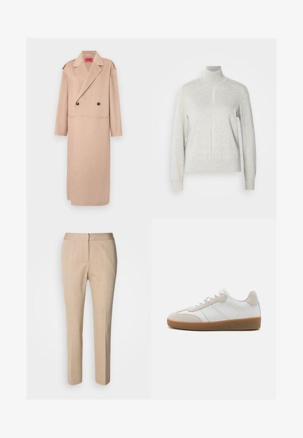 Beige uldblandet frakke med dobbeltradet design, store klapper og to forlommer. Har sorte knapper og skulderdetaljer.; Lys grå sweater med høj krave og kvart lynlås. Lavet af et blødt, struktureret materiale, der har lange ærmer og en tætsiddende kant.; Beige skræddersyede bukser med en tekstureret stof, slim fit, middelhøj talje og lige ben. Lynlås og knaplukning foran.; Hvide lædersneakers med beige ruskindsdetaljer, struktureret tunge og gummisål. Har hvide snørebånd og diskrete stikninger.