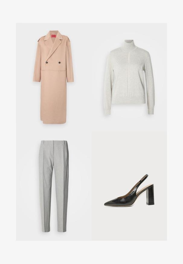 Beige uldblandet frakke med dobbeltradet design, store klapper og to forlommer. Har sorte knapper og skulderdetaljer.; Lys grå sweater med høj krave og kvart lynlås. Lavet af et blødt, struktureret materiale, der har lange ærmer og en tætsiddende kant.; Lysegrå, plisserede bukser med en skræddersyet pasform. Har et tekstureret stof, sidelommer og et klassisk design med lige ben.; Sort læder peep-toe slingback sko med blokhæl og et lille logo på siden, sat mod en enkel hvid baggrund.