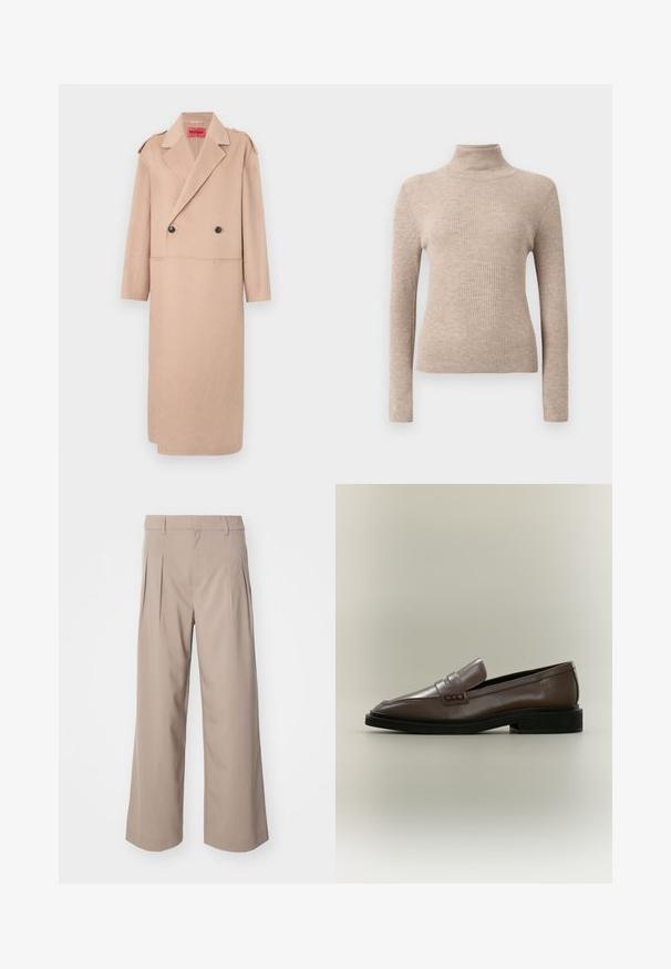 Abrigo de mezcla de lana beige con diseño de doble botonadura, grandes solapas y dos bolsillos frontales. Presenta botones negros y detalles en los hombros.; Jersey de cuello alto de manga larga de color beige con canalé, expuesto sobre un fondo blanco liso.; Pantalones beige de pierna ancha con plisados, hechos de una tela suave. Presentan una cintura de altura media y una silueta limpia y ajustada.; Mocasín marrón de cuero sin cordones con suela negra y tacón bajo, con detalle de correa en la parte superior.