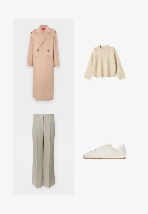 Beige kabát zo zmesi vlny s dvojradovým dizajnom, veľkými klopami a dvoma prednými vreckami. Má čierne gombíky a detaily na pleciach.; Noella Svetrík - beige; Béžové široké nohavice z hladkej tkaniny, s vysokým pásom, ostrými záhybmi a dvoma prednými vreckami.; Nízkoprofilová béžová teniska so šnurovaním, hladkým koženým zvrškom, minimálnym prešívaním a svetlohnedou gumovou podrážkou, zobrazená z boku.