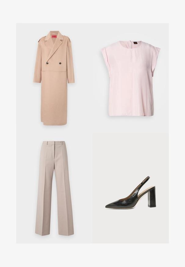 Beige uldblandet frakke med dobbeltradet design, store klapper og to forlommer. Har sorte knapper og skulderdetaljer.; Lyserød, kortærmet top med rund halsudskæring og en subtil glans. Har en lynlås på bagsiden og en afslappet pasform. Glat tekstur.; Beige vide bukser lavet af et glat stof, med høj talje, forkantede folder og en skræddersyet silhuet.; Sort læder peep-toe slingback sko med høj blokhæl og beige indvendig foring mod en ensfarvet lys baggrund.