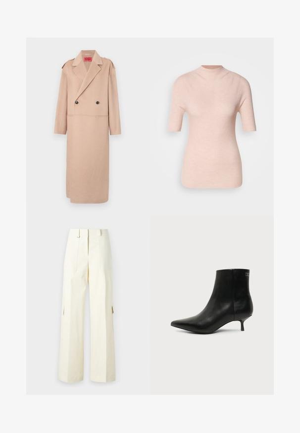 Manteau en laine mélangée beige avec un design à double boutonnage, grands revers et deux poches avant. Présente des boutons noirs et des détails aux épaules.; Haut rose clair à manches courtes avec un col montant, présentant un motif côtelé texturé sur un fond neutre.; Pantalons cargo à jambes larges en tissu crème clair, dotés de poches à rabat, d'une taille haute et de fentes latérales pour un détail et une fonctionnalité supplémentaires.; Bottine en cuir noir avec bout pointu et petit talon kitten sur fond clair, vue côté extérieur.