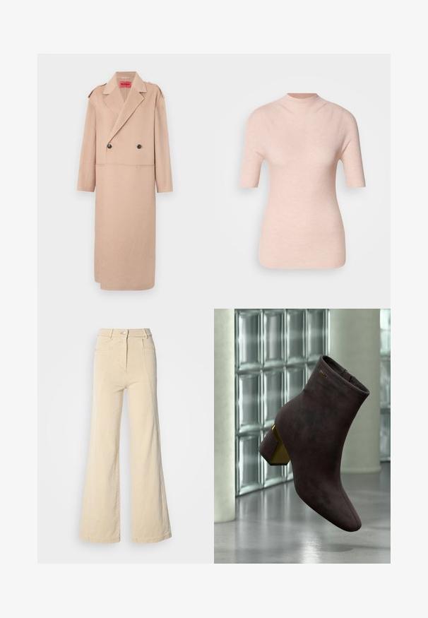 Abrigo de mezcla de lana beige con diseño de doble botonadura, grandes solapas y dos bolsillos frontales. Presenta botones negros y detalles en los hombros.; Top corto de manga corta en rosa claro con un cuello alto, que presenta un patrón ribeteado texturizado sobre un fondo neutro.; Jeans beige de pierna ancha con cintura alta, bolsillos frontales y costuras en contraste, con cierre de botón y una textura de algodón suave.; Botín de ante marrón oscuro con tacón bloque y detalle dorado, exhibido frente a una pared de bloques de vidrio y suelo pulido.