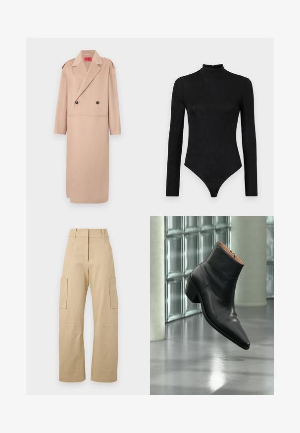 Abrigo de mezcla de lana beige con diseño de doble botonadura, grandes solapas y dos bolsillos frontales. Presenta botones negros y detalles en los hombros.; Bodysuit negro de manga larga con cuello alto y textura sutil. Presenta un zipper en la parte posterior y un diseño de tanga en la parte inferior.; Pantalones cargo beige de algodón, con una cintura alta, perneras anchas, dos bolsillos laterales y dos grandes bolsillos cargo en los muslos.; Botín de piel negra con puntera puntiaguda y tacón cuadrado que levita sobre un suelo gris reflectante cerca de una pared de bloques de cristal.
