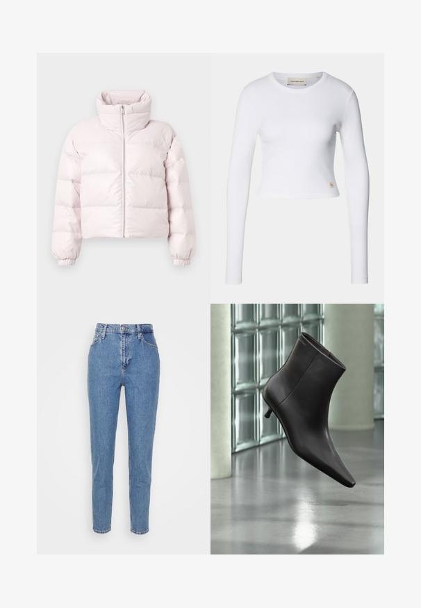 Ροζ cropped μπουφάν puffer με ψηλό γιακά, εμπρόσθιο φερμουάρ και σούρες στις μανσέτες. Διαθέτει διακριτικό λογότυπο στο πάνω αριστερό μέρος του στήθους.; Λευκή μακρυμάνικη cropped μπλούζα από ριμπ ύφασμα. Διαθέτει στρογγυλή λαιμόκοψη και μια μικρή ετικέτα λογότυπου στο κάτω αριστερό μέρος.; Μπλε ψηλόμεσα τζιν με ίσια γραμμή, με μπροστινό κουμπί και φερμουάρ, θηλιές ζώνης και τσέπες, εκτεθειμένα σε απλό λευκό φόντο.; Μαύρο δερμάτινο μποτάκι με μυτερή μύτη και μικρό τακούνι, παρουσιάζεται μπροστά σε τοίχο από γυάλινα τετράγωνα και γυαλισμένο δάπεδο.