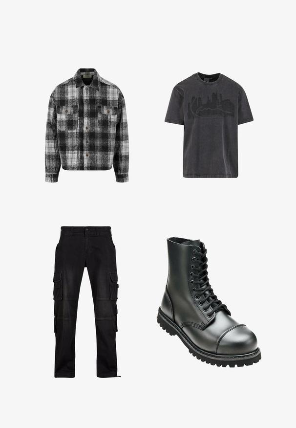 Chemise en flanelle à carreaux noir et blanc avec un col, deux poches avant et des boutons marron. Texture douce et design décontracté.; T-shirt noir en coton avec col rond, manches courtes, présentant un graphique de la silhouette de la ville en gris foncé usé sur la poitrine.; Pantalons cargo noirs en denim avec plusieurs poches latérales, une coupe droite et des détails de couture visibles pour ajouter de la texture.; Botte de combat en cuir noir avec une tige haute, bout rond, laçage sur le devant et semelle en caoutchouc robuste avec un profil de crantage profond pour une meilleure adhérence.