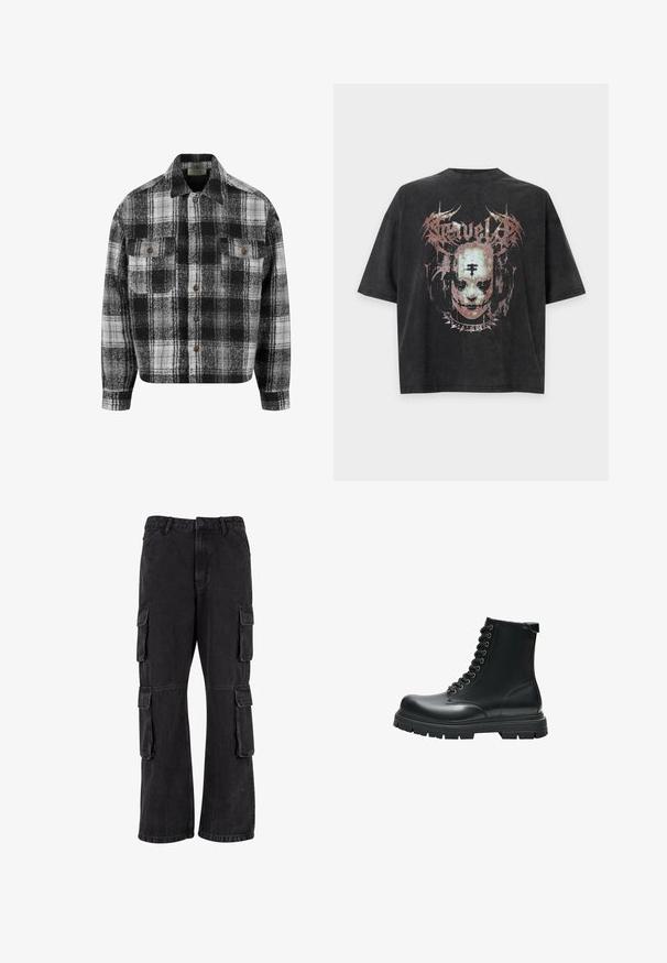 Veste en laine à carreaux noir, blanc et gris avec boutons, deux poches avant à rabat et boutons marron.; T-shirt noir oversize avec un graphisme délavé d'un visage portant un collier à pointes et un texte gothique au-dessus.; Pantalons cargo noirs en denim, dotés d'une coupe ample, de plusieurs poches latérales et de détails cousus. La texture est légèrement usée.; Botte de combat noire en cuir avec lacets, semelle épaisse en caoutchouc et détails cousus, vue de côté sur fond blanc.