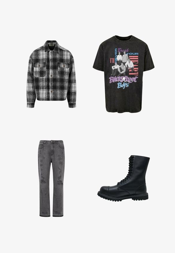 Chemise en flanelle à carreaux noir et blanc avec un col, deux poches avant et des boutons marron. Texture douce et design décontracté.; T-shirt en coton noir avec un imprimé graphique de cinq figures assises et le texte « Je ne briserai jamais ton cœur » et « Backstreet Boys » en couleurs vives.; Jean en denim gris, coupe droite avec un délavage usé, présentant des déchirures visibles et un ourlet légèrement effiloché, fermé par un bouton argenté.; Bottines en cuir noir à lacets avec un bout rond, une tige haute, une semelle en caoutchouc épaisse et une surface texturée. Comprend des piqûres renforcées le long des coutures.