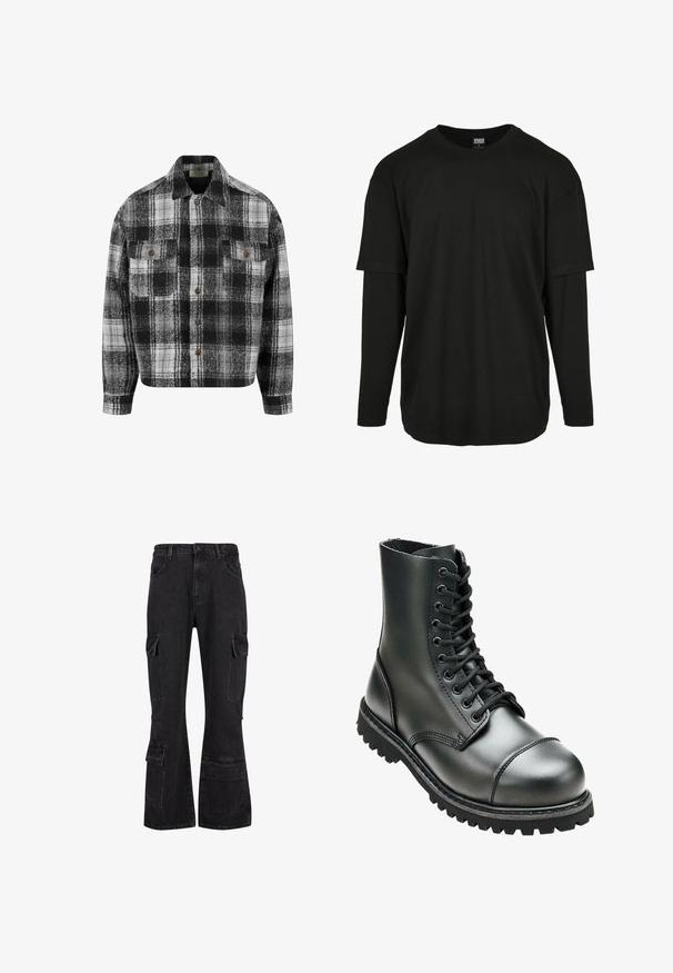 Veste en laine à carreaux noir, blanc et gris avec boutons, deux poches avant à rabat et boutons marron.; Urban Classics OVERSIZED SHAPED DOUBLE LAYER LS TEE - T-shirt à manches longues - black/black; Pantalon cargo en denim noir avec une jambe évasée, présentant plusieurs poches latérales et une fermeture à bouton à la taille. Notez le tissu texturé.; Botte de combat en cuir noir avec une tige haute, bout rond, laçage sur le devant et semelle en caoutchouc robuste avec un profil de crantage profond pour une meilleure adhérence.