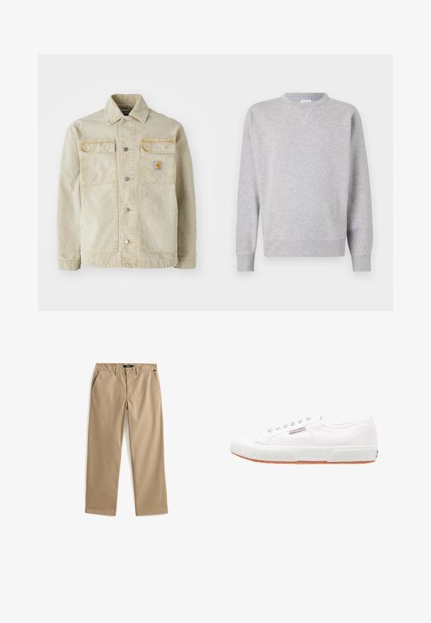 Beige denimjakke med knaplukning, to brystlommer, subtile sømme og et lille logo-patch på den venstre lomme.; Grå sweatshirt lavet af blødt stof, med rund halsudskæring, lange ærmer, ribbede manchetter og lige kant. Ingen synlige mønstre eller grafik.; Beige chinos med lige ben lavet af let bomuldsstof. Har to forlommer og lukning med knap. Glat struktur, minimal dekoration.; Hvide kanvas sneakers med gummisål, snørebåndsdesign og et lille logo mærke på siden. Tekstureret hvid overdel og brun ydersål.